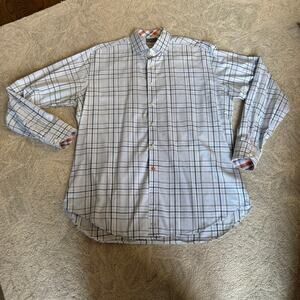 Thomas Dean Men's Blue Plaid 100% Cotton Button Up Shirt Size XL Flip Cuff